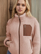 Elavira | Pluche jas voor dames – Vest met ritssluiting en contrasterende rand