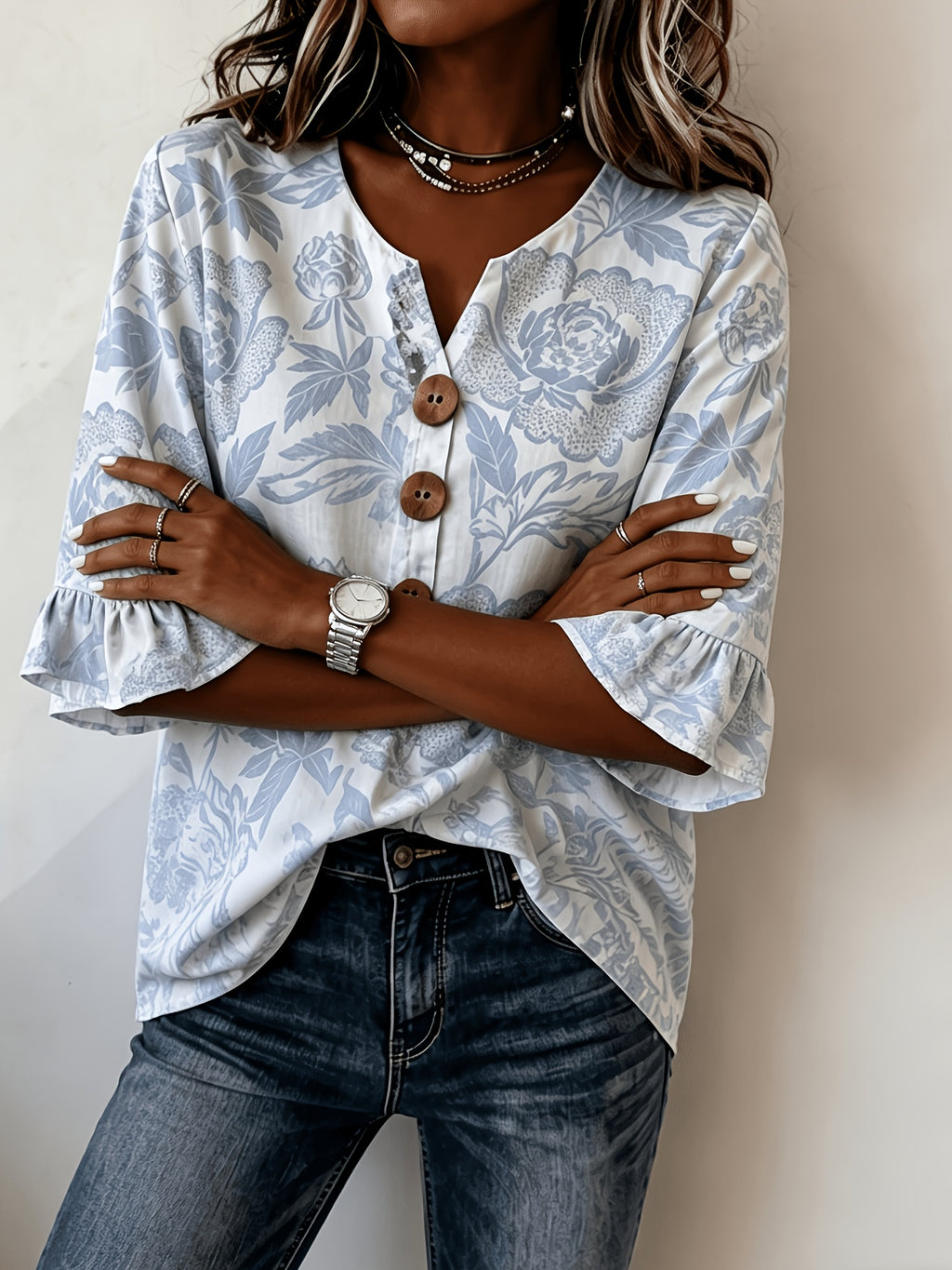 Pearlina | Damesblouse met bloemenprint en V-hals – Blouse met relaxte, losse pasvorm