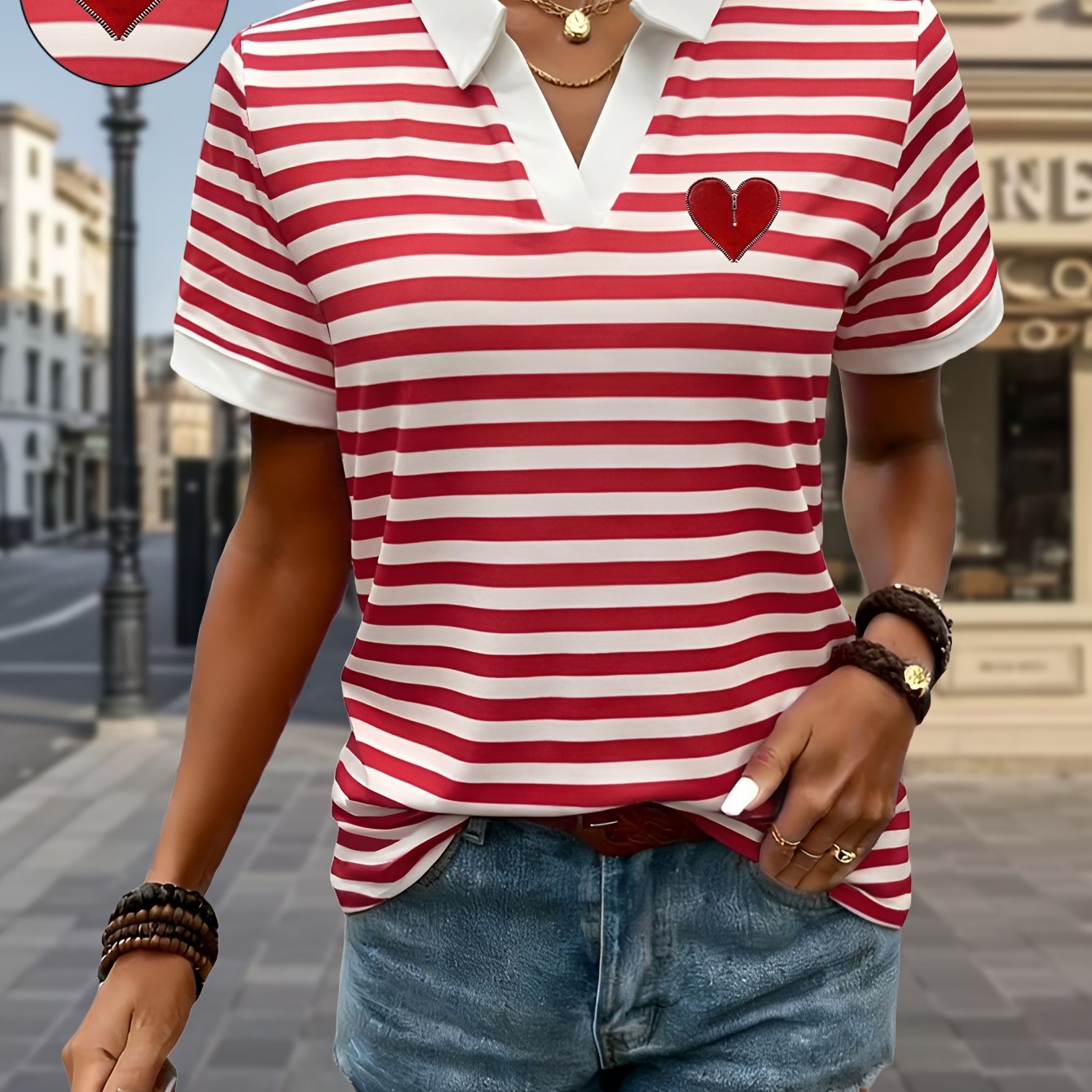 Azelora | Dames Gestreept V-hals T-shirt – Casual Blouse met Korte Mouwen en Hartprint