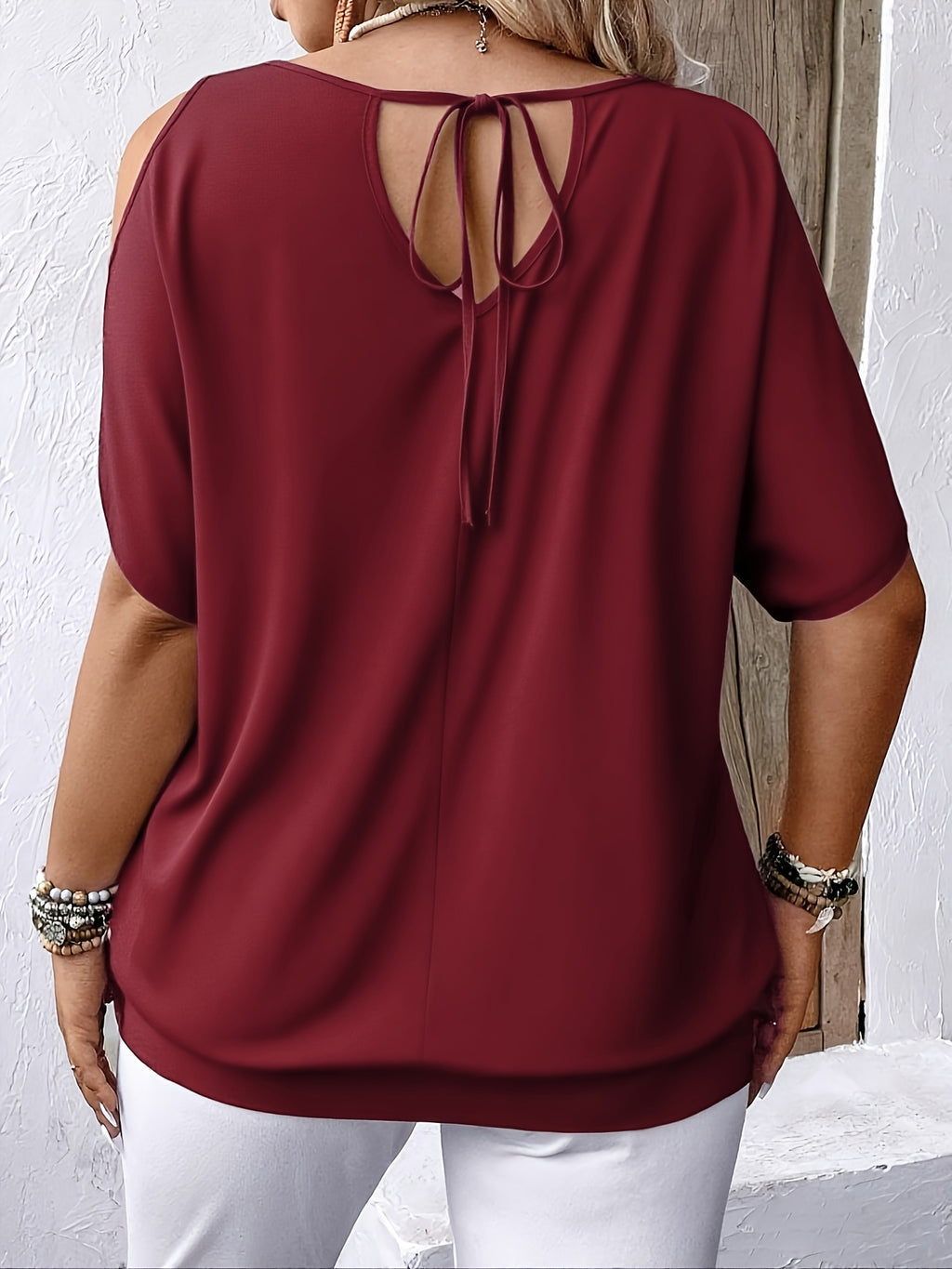 Ysara | Casual bedrukt damesshirt – Off-shoulder shirt met ronde hals en strik aan de achterkant