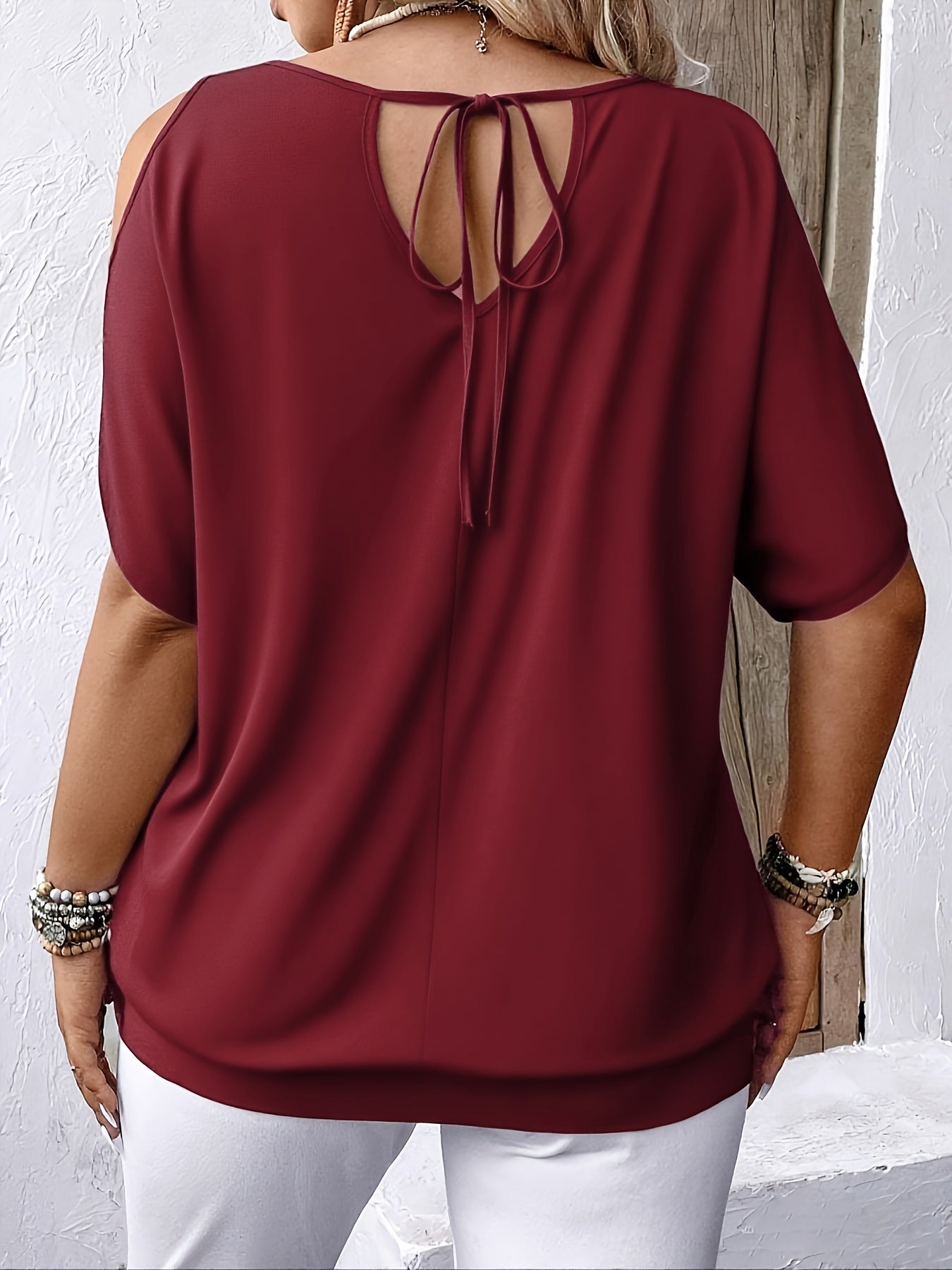 Ysara | Casual bedrukt damesshirt – Off-shoulder shirt met ronde hals en strik aan de achterkant