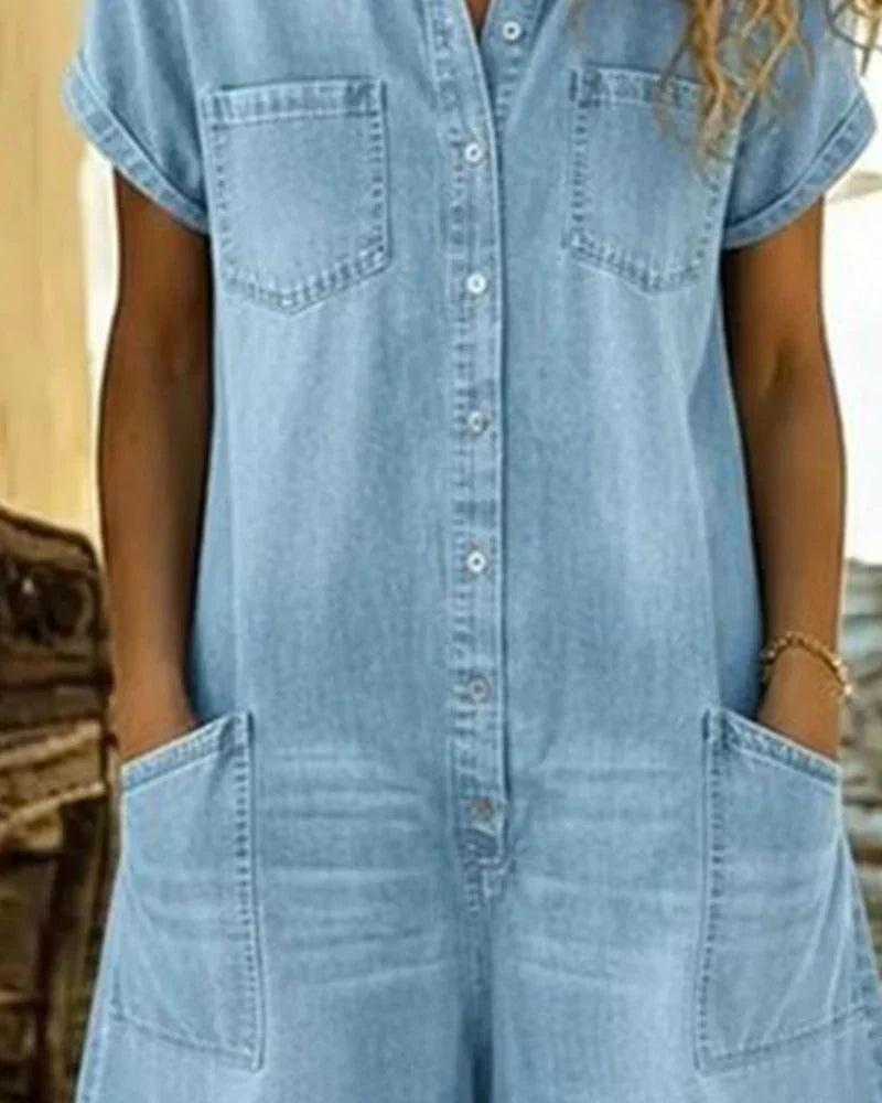 Julissa | Denim jumpsuit voor dames – Eendelig model met korte mouwen en knoopsluiting aan de voorkant