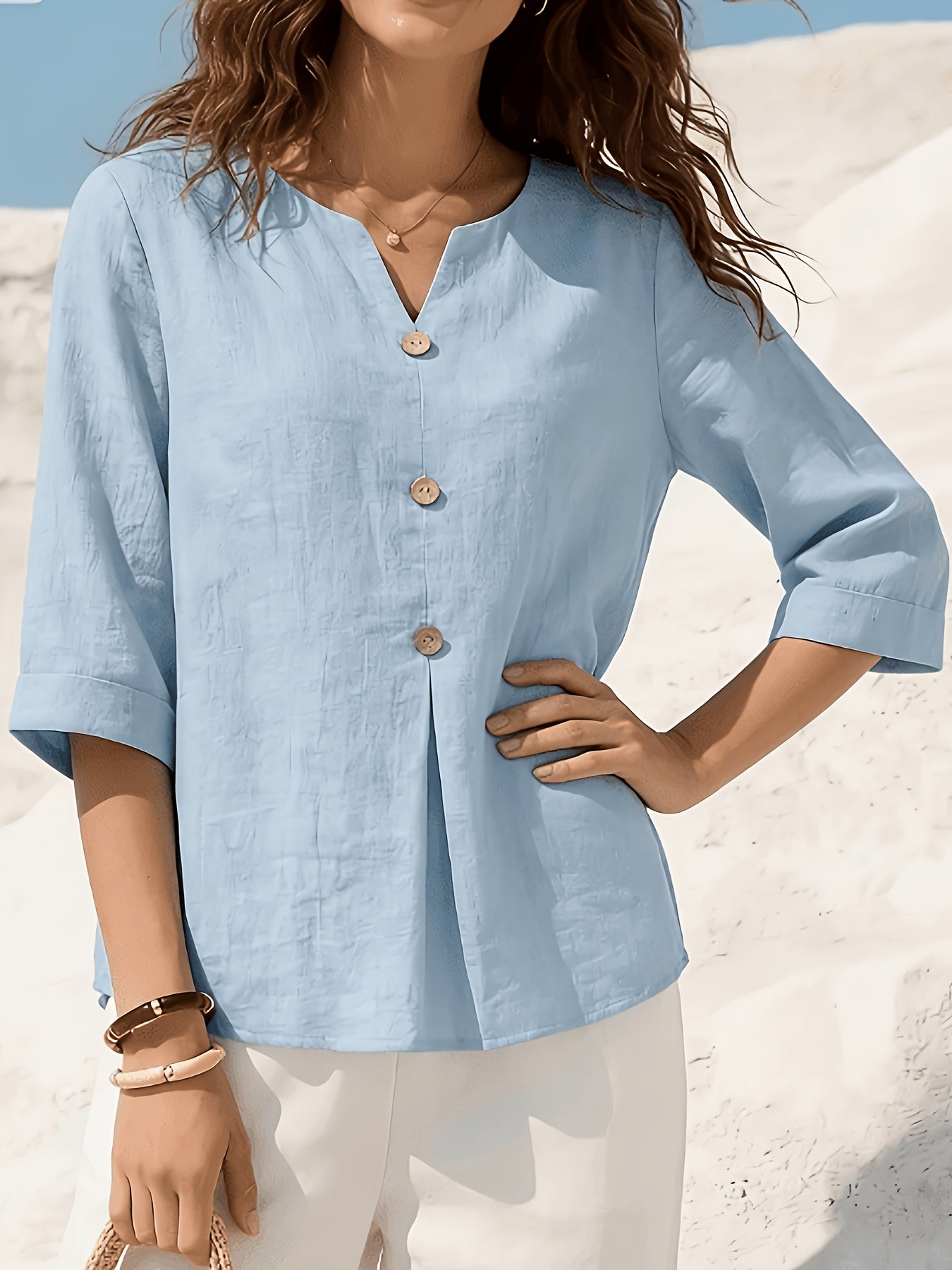 Winslet | Casual linnen top voor dames – loszittende blouse met V-hals en 3/4-mouwen