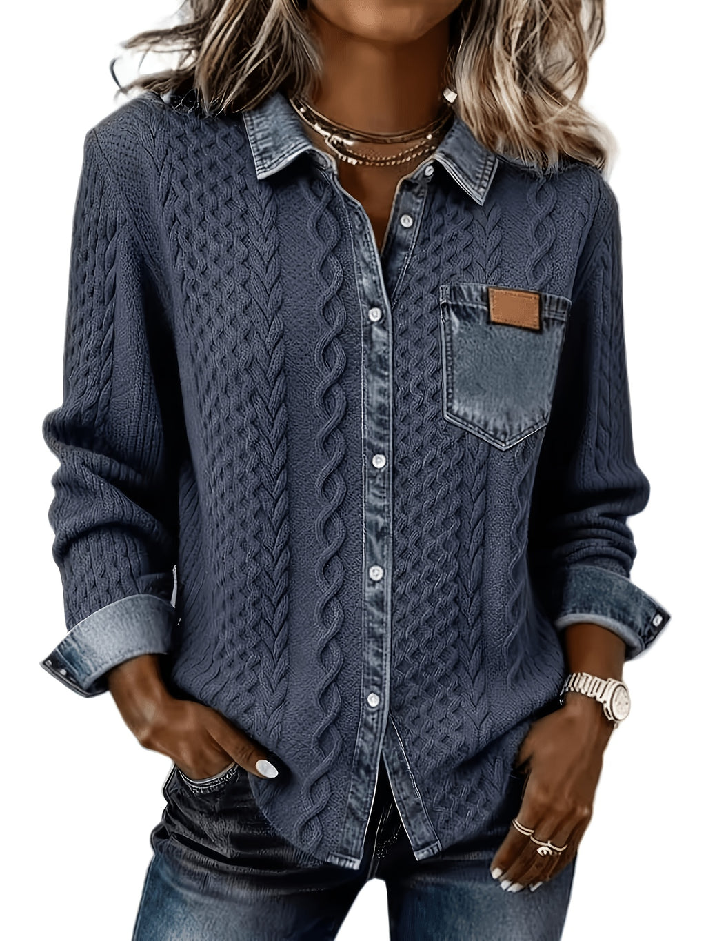 Leora | Damestrui van faux-denim jacquard – Trui met lange mouwen en print