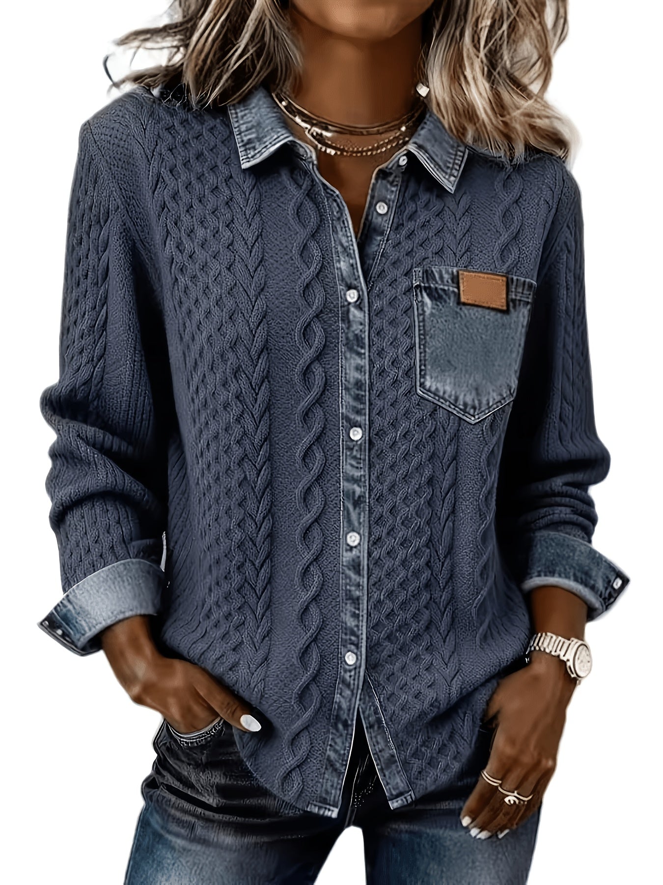 Leora | Damestrui van faux-denim jacquard – Trui met lange mouwen en print