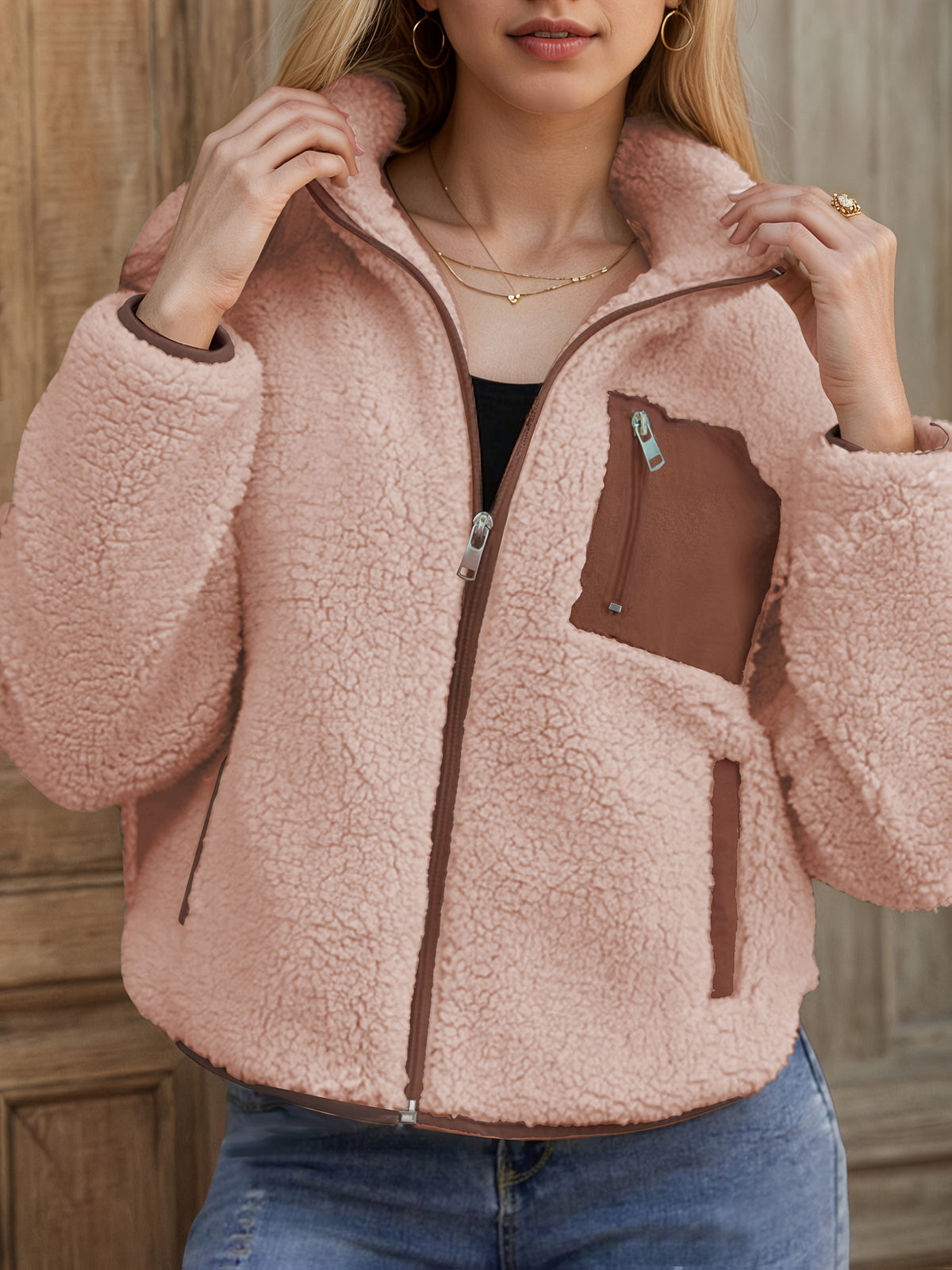 Elavira | Pluche jas voor dames – Vest met ritssluiting en contrasterende rand