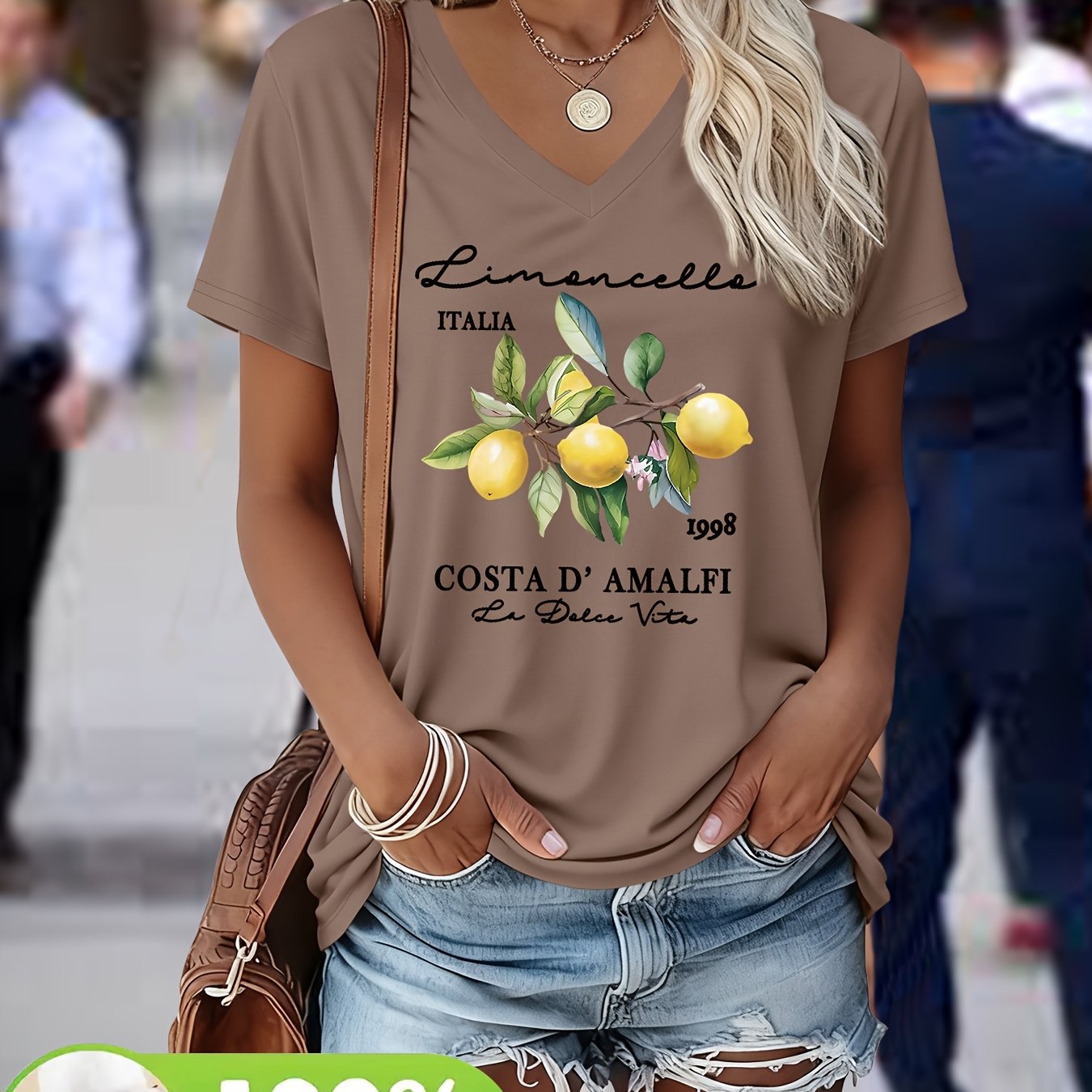 Belyn | Zomer-T-shirt voor dames – Top met V-hals, grafische print, zwaar materiaal, casual en chic