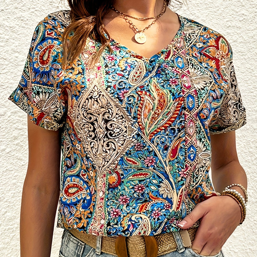 Feliora | Dames Blouse met Paisleyprint en V-hals – Vintage Boho Blouse met Korte Mouwen