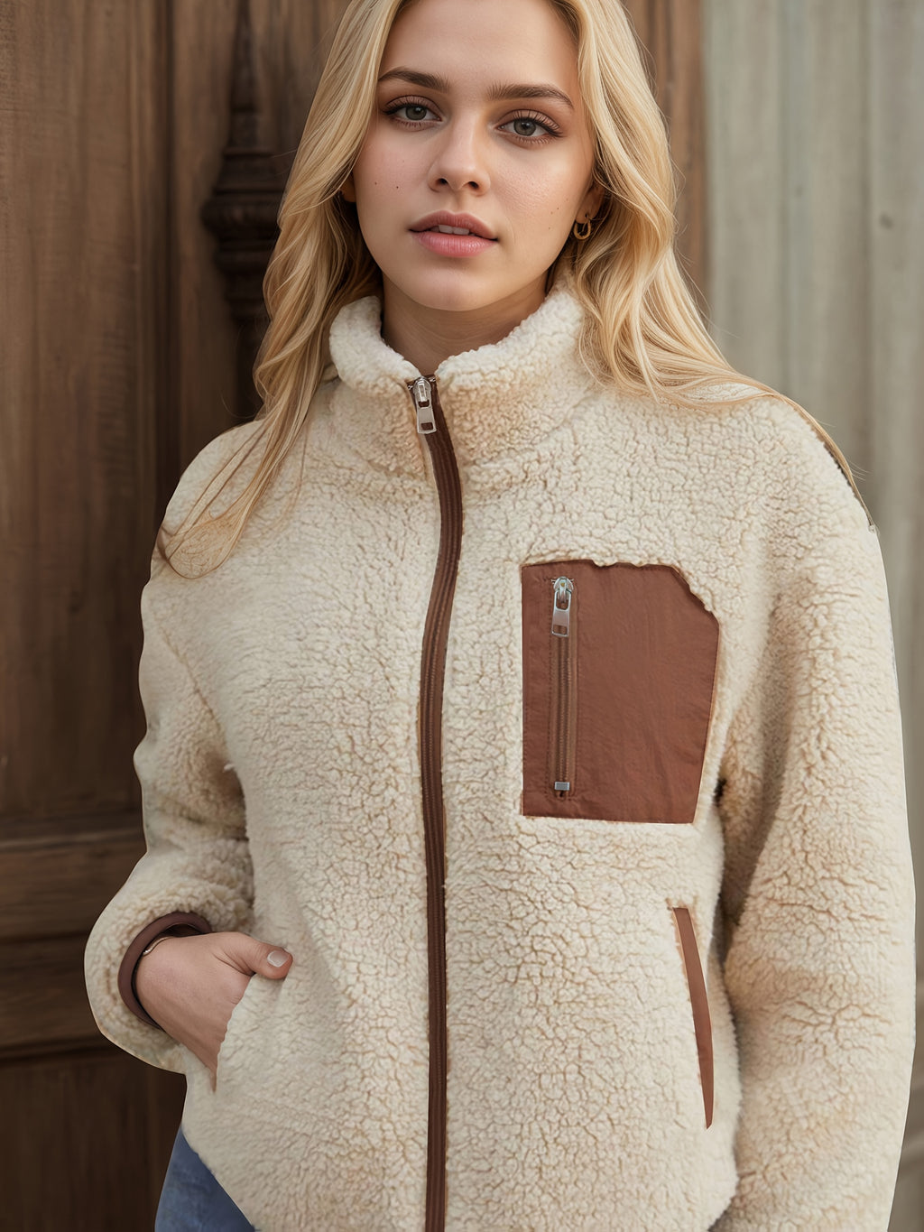 Elavira | Pluche jas voor dames – Vest met ritssluiting en contrasterende rand