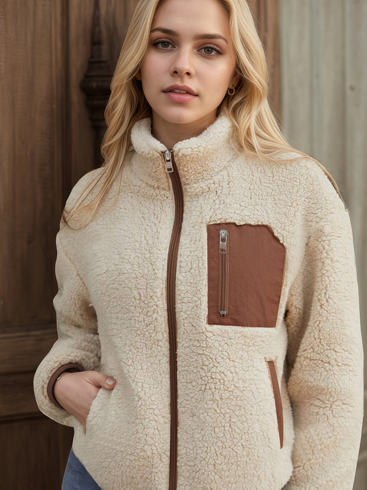 Elavira | Pluche jas voor dames – Vest met ritssluiting en contrasterende rand