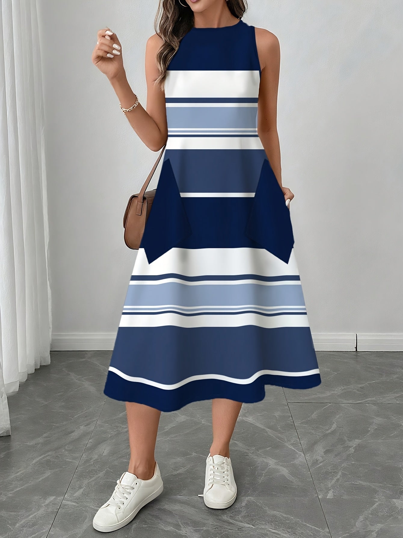 Rainelle | Casual A-lijn jurk voor dames – Gestreepte, mouwloze midi-jurk met print