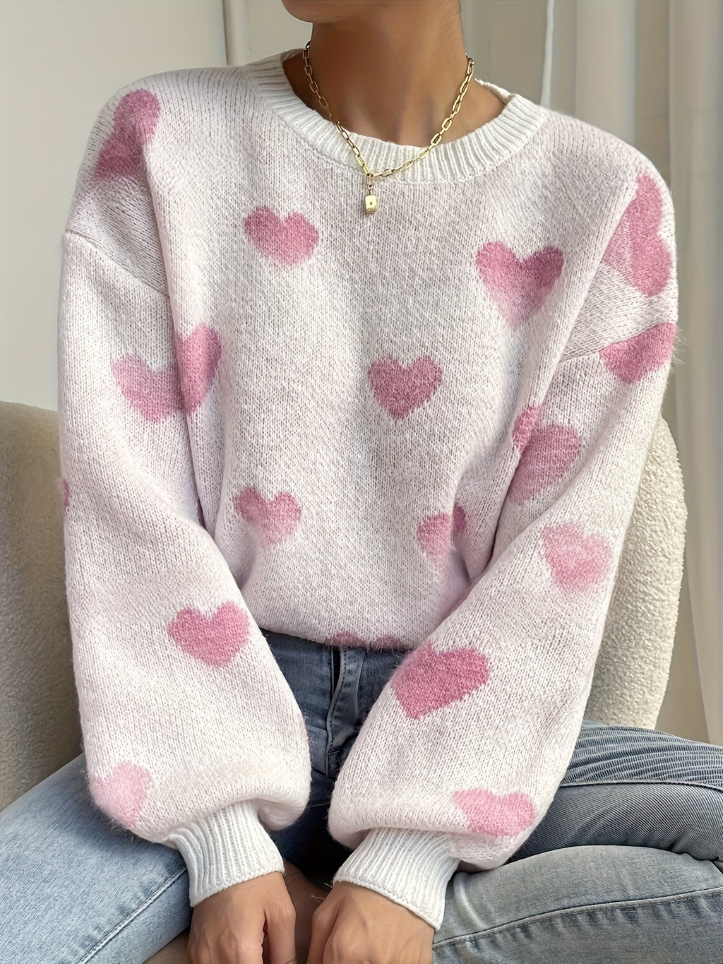Delysia | Damestrui met hartjesprint – Zachte gebreide pullover
