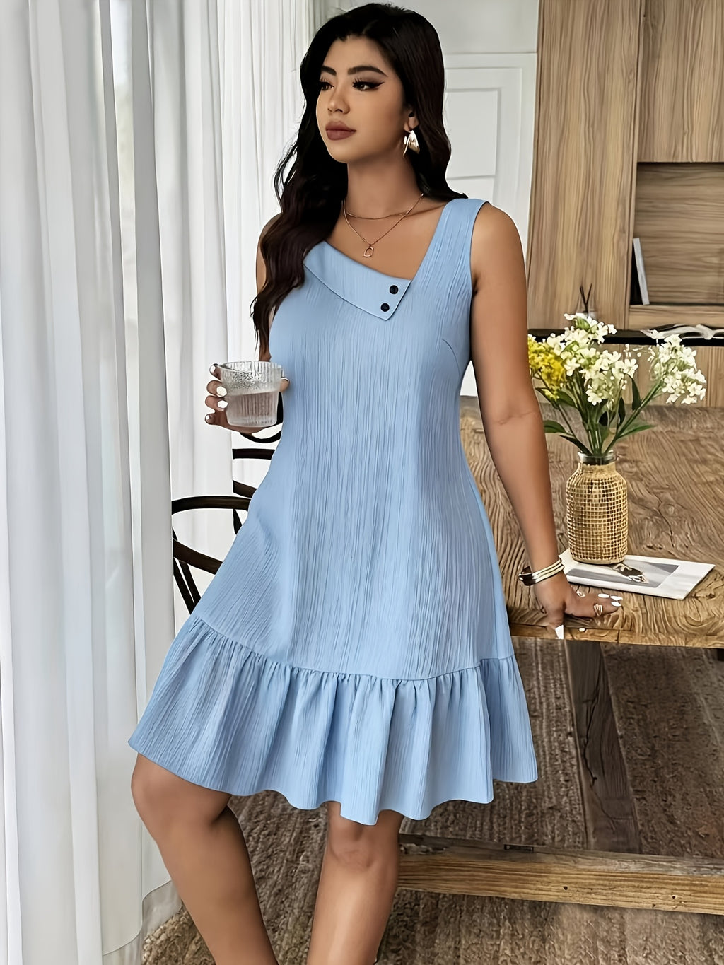 Lyliana | Elegante mouwloze damesjurk – soepel vallende, effen gekleurde A-lijn casual jurk
