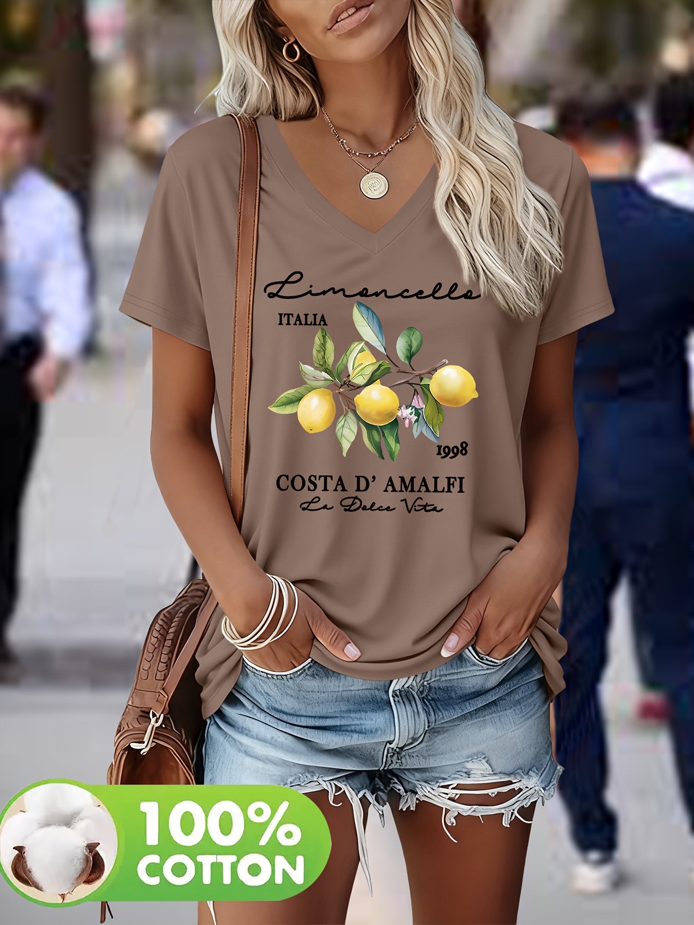 Belyn | Zomer-T-shirt voor dames – Top met V-hals, grafische print, zwaar materiaal, casual en chic