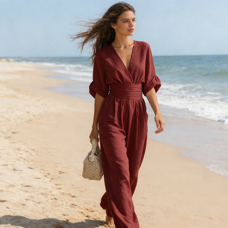 Ridley | Mouwloze jumpsuit met wijde pijpen voor dames – V-hals, elegante casual jumpsuit