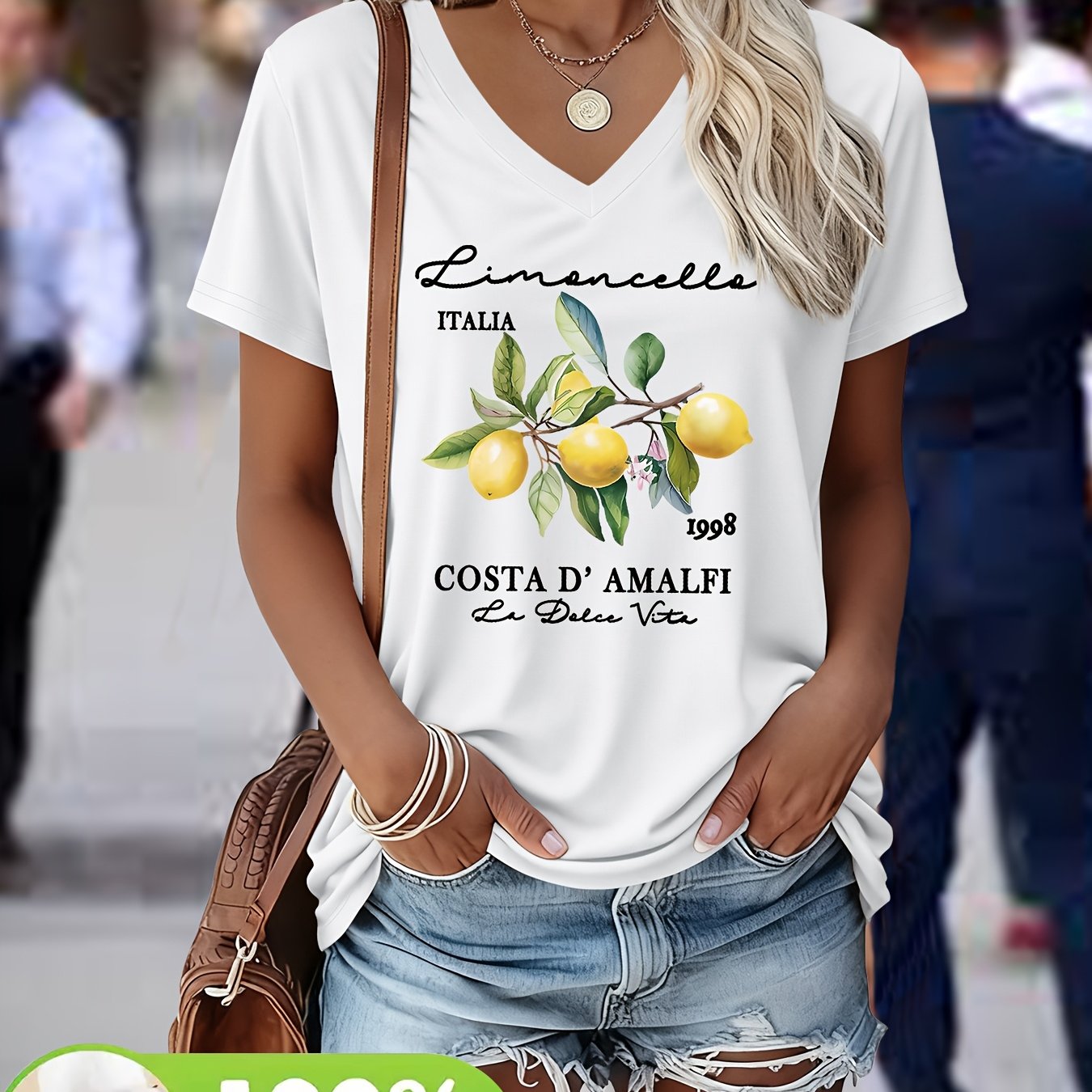 Belyn | Zomer-T-shirt voor dames – Top met V-hals, grafische print, zwaar materiaal, casual en chic