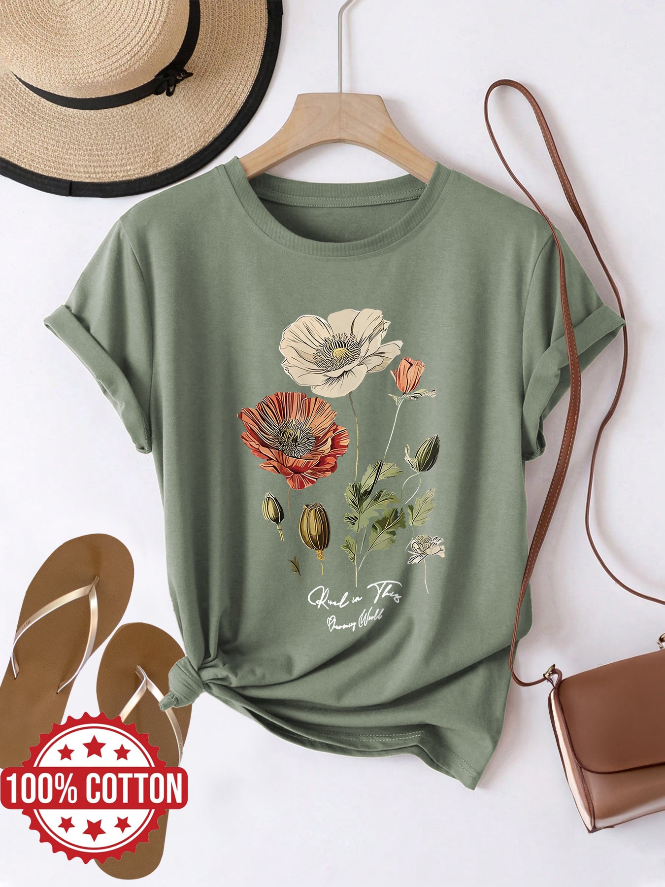 Eniselle | Dames T-shirt met Klaproosbloemenprint – Casual Ronde Hals en Korte Mouwen