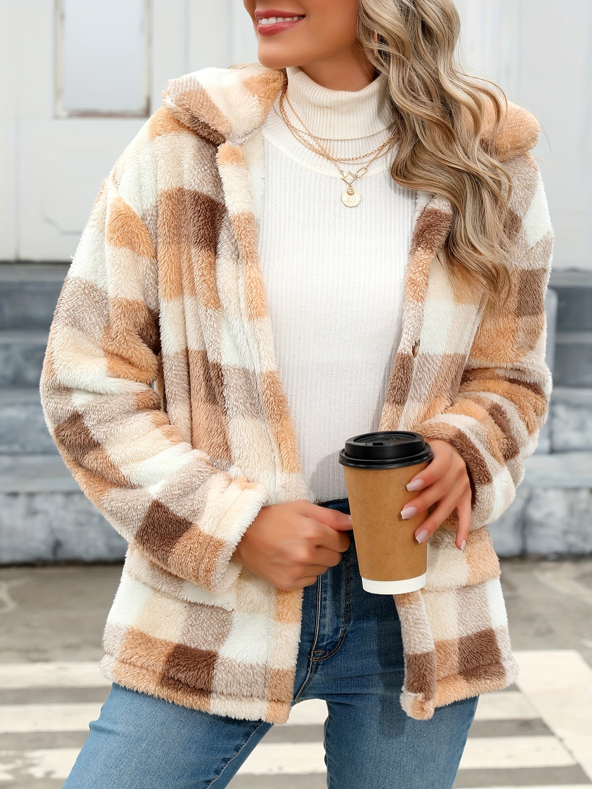Noralise | Geruite Teddy Damesjas – Pluche, Lange Mouwen