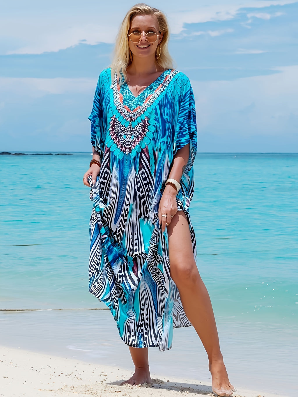 Hattie | Boho-maxi-jurk met bloemenprint voor dames – Lichtgewicht kaftan met V-hals