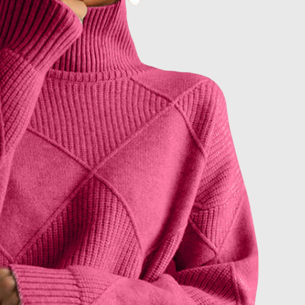 Calyssia | Damestrui met dikke breistruk en col – Patchwork met ruitmotief