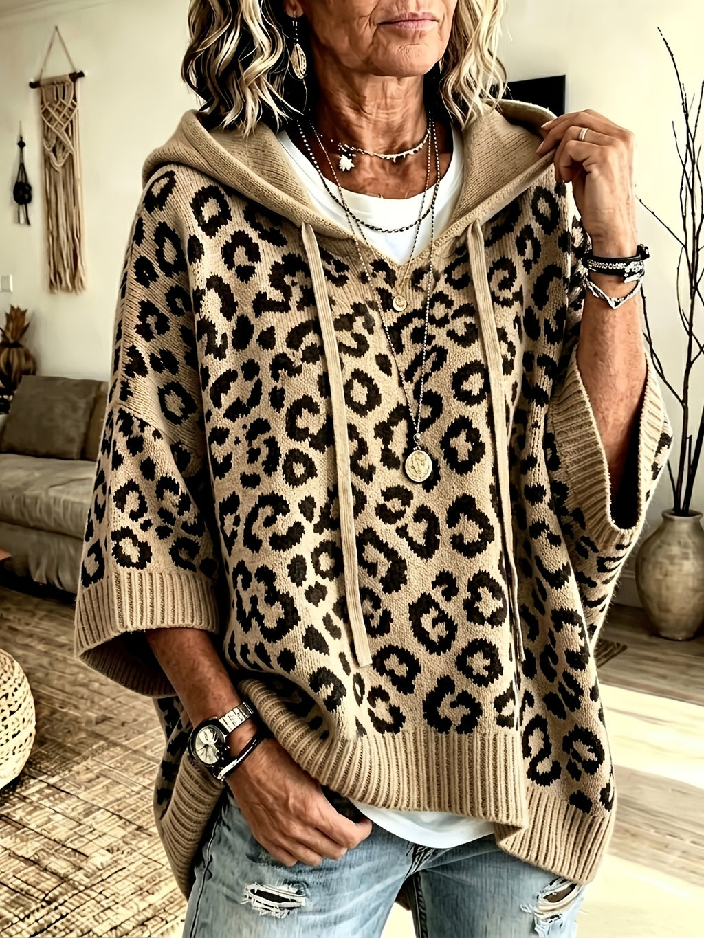 Betty | Hoodie met luipaardprint voor dames – Oversized trui met vleermuismouwen