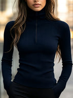 Berendina | Getailleerd T-shirt met hoge hals voor dames – Effen stretch-top met lange mouwen
