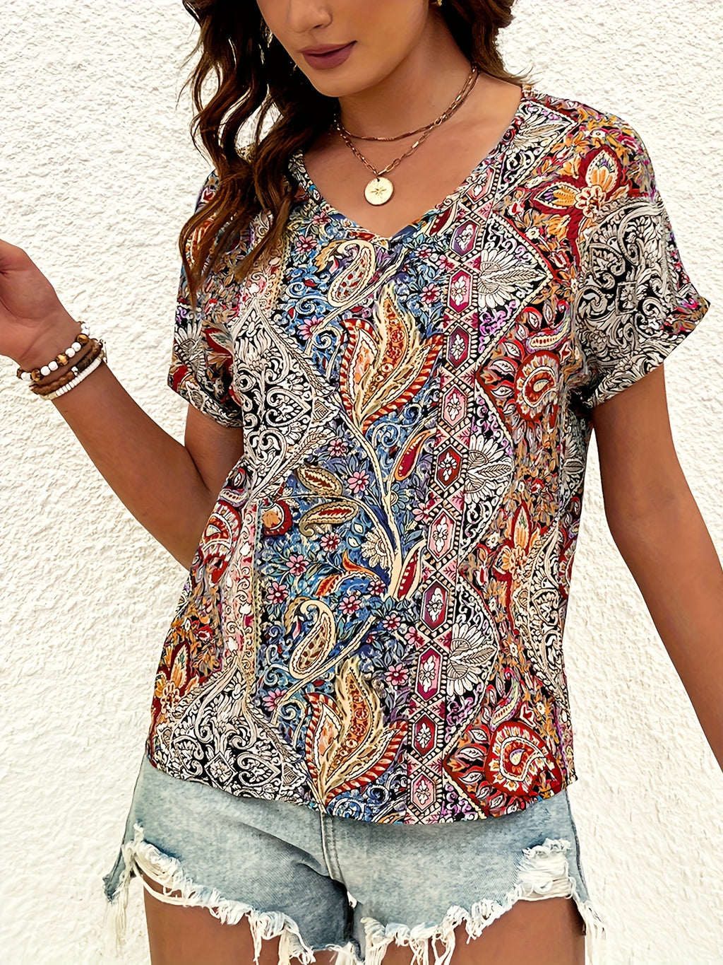 Feliora | Dames Blouse met Paisleyprint en V-hals – Vintage Boho Blouse met Korte Mouwen
