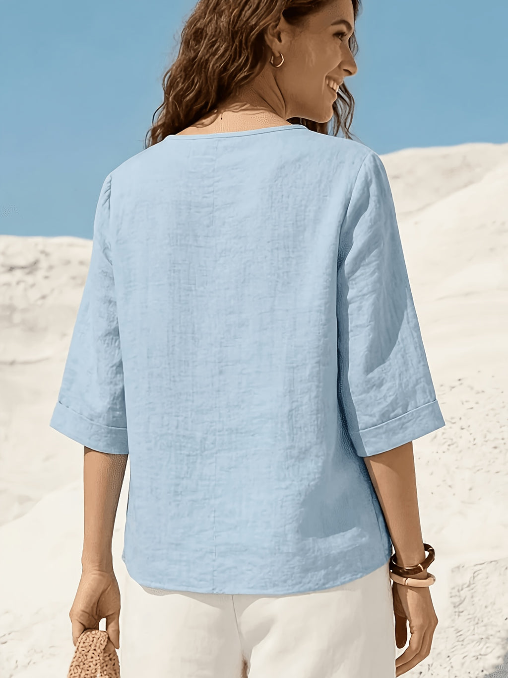 Winslet | Casual linnen top voor dames – loszittende blouse met V-hals en 3/4-mouwen