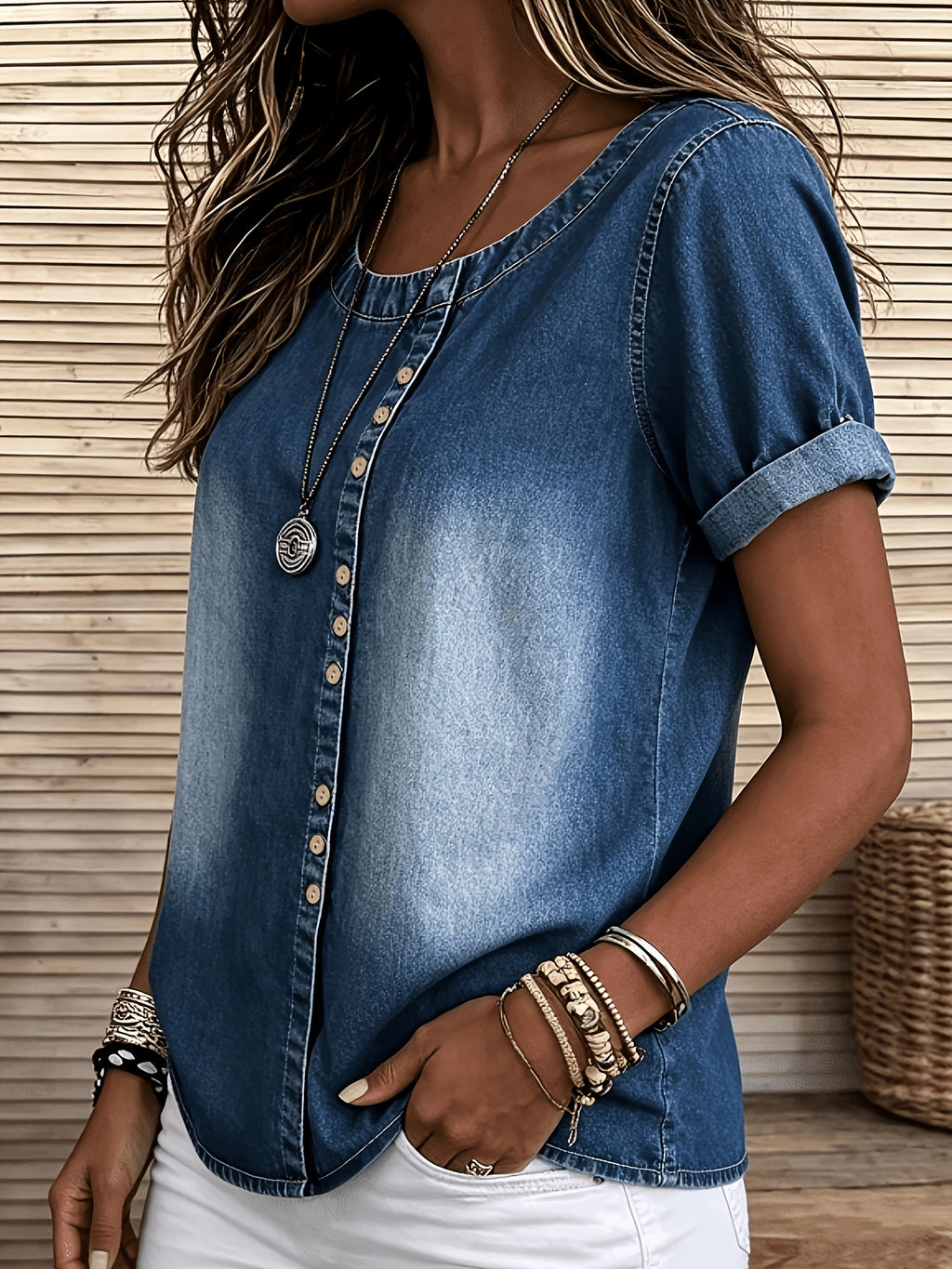 Viviana | Casual denimtop voor dames – Blouse met korte mouwen en versleten look