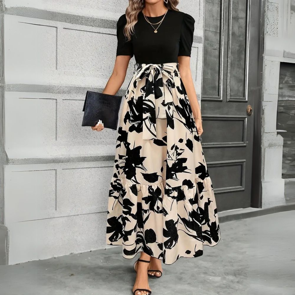 Inara | Dames Bloemen Maxi Jurk – Elegante Bruiloft Gastjurk met Ceintuur in de Taille