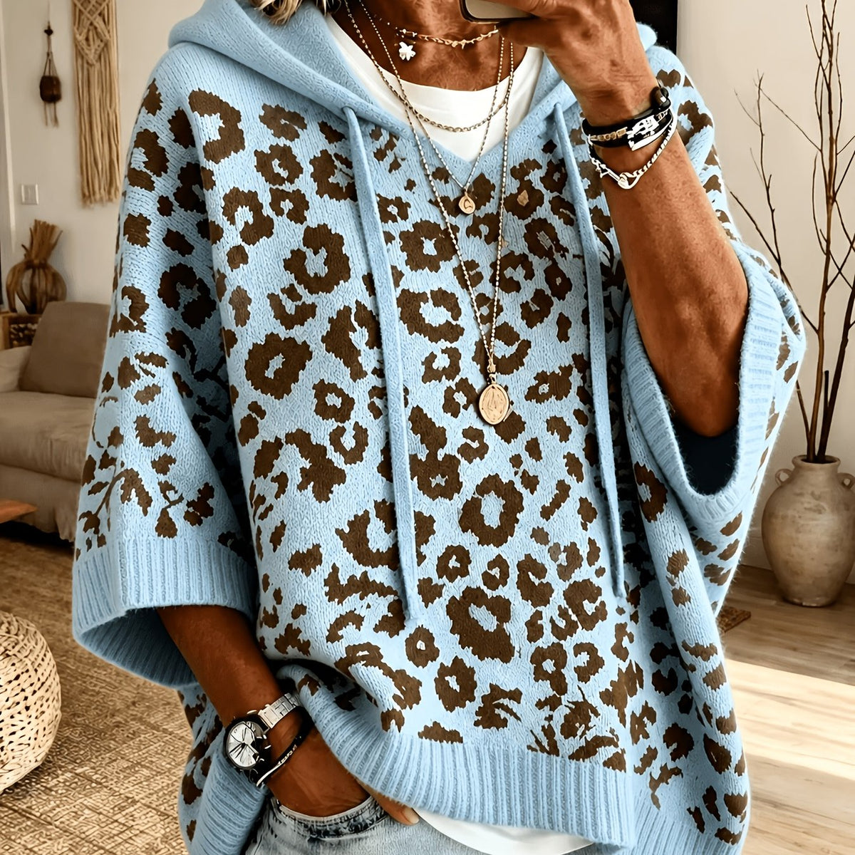 Betty | Hoodie met luipaardprint voor dames – Oversized trui met vleermuismouwen