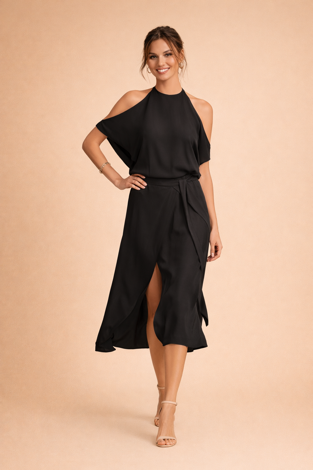 Galilea | Dames Elegante Midi Jurk – Off-Shoulder Halterjurk
