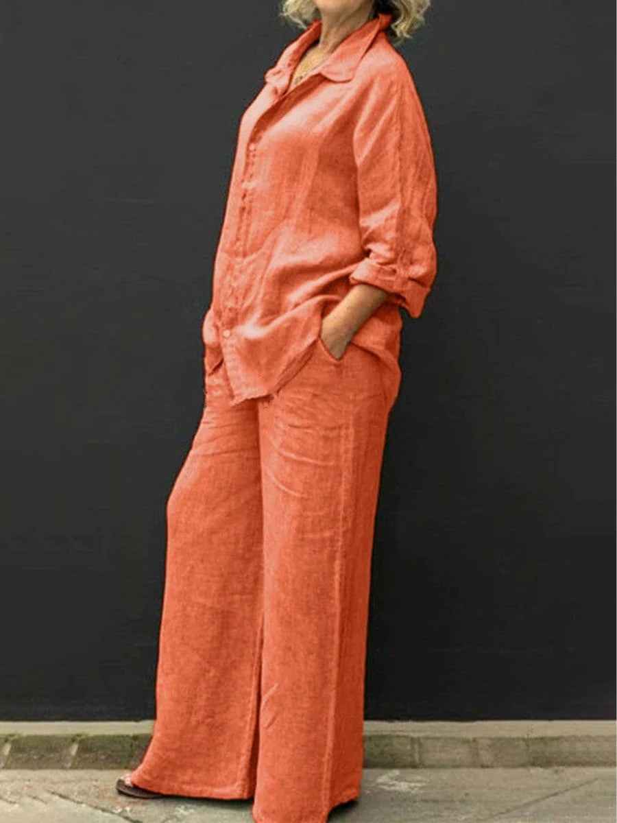 Raina | Dames Linnen Tweedelige Set – Blouse met Wijde Broek