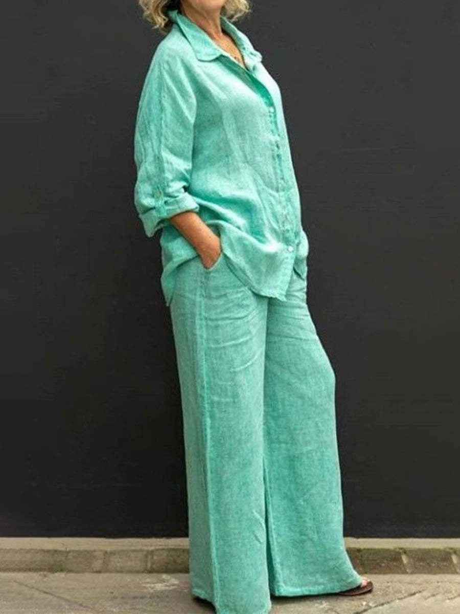 Raina | Dames Linnen Tweedelige Set – Blouse met Wijde Broek