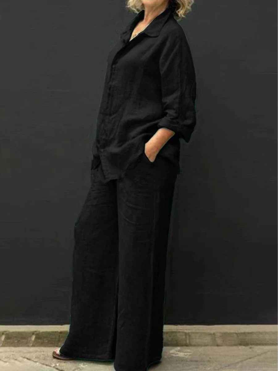 Raina | Dames Linnen Tweedelige Set – Blouse met Wijde Broek