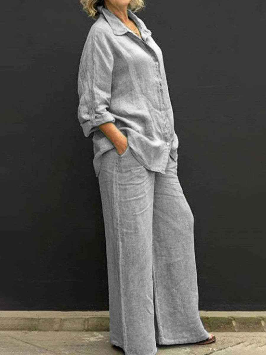 Raina | Dames Linnen Tweedelige Set – Blouse met Wijde Broek