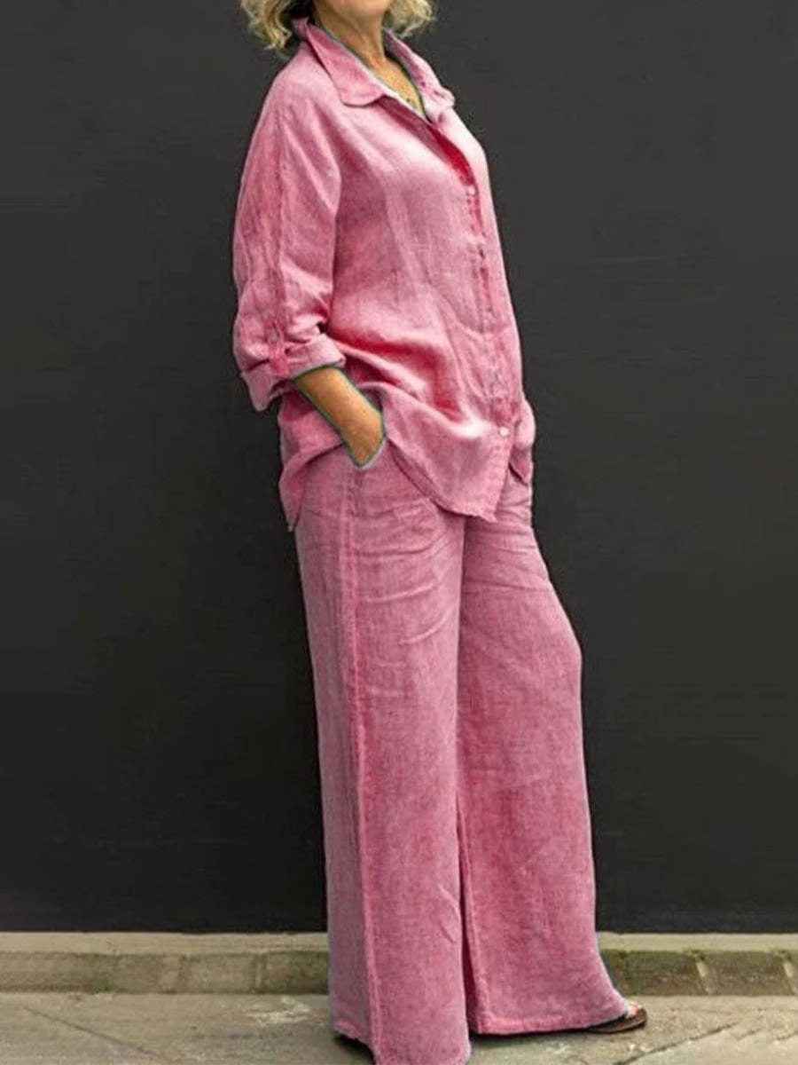 Raina | Dames Linnen Tweedelige Set – Blouse met Wijde Broek