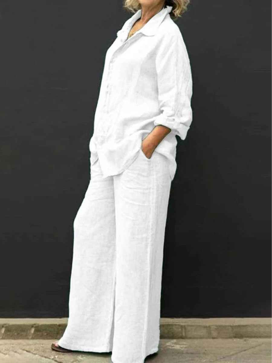 Raina | Dames Linnen Tweedelige Set – Blouse met Wijde Broek