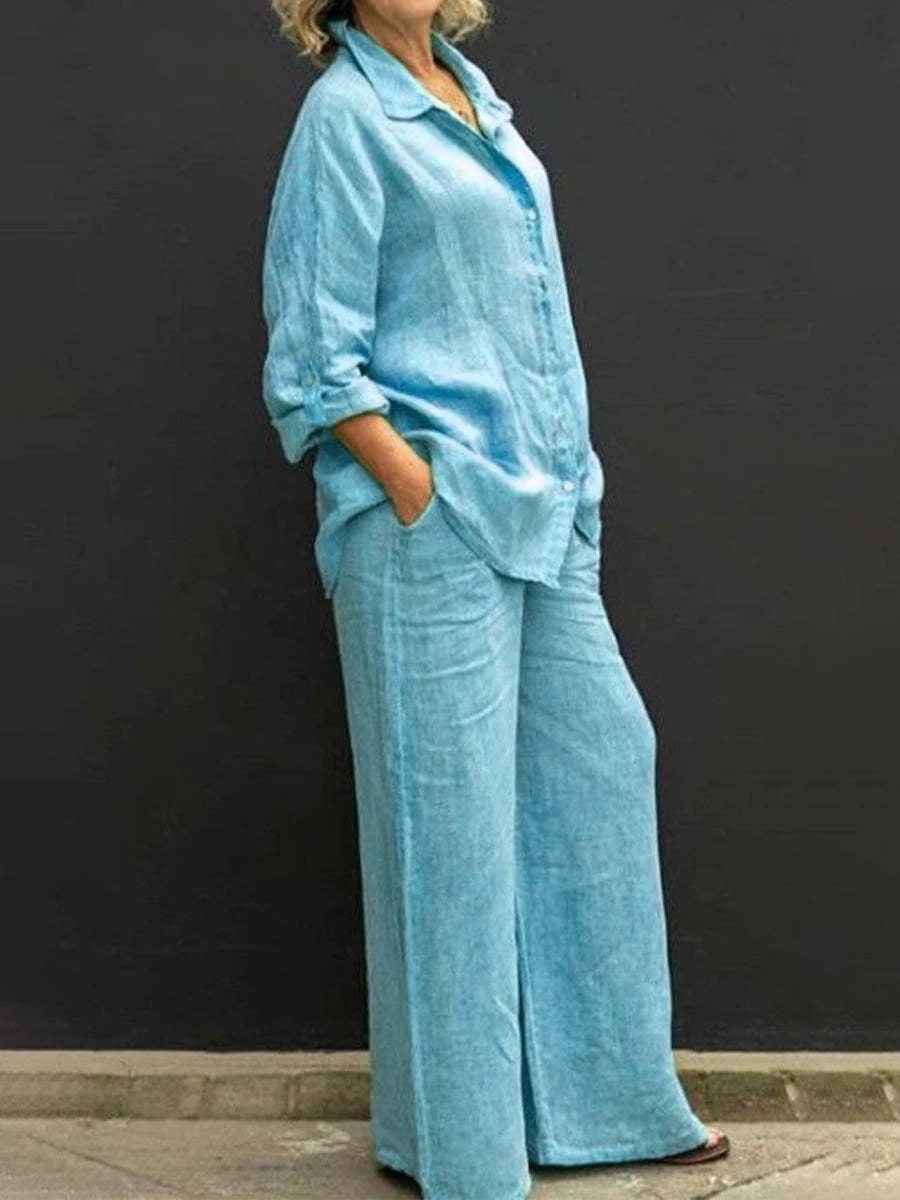 Raina | Dames Linnen Tweedelige Set – Blouse met Wijde Broek