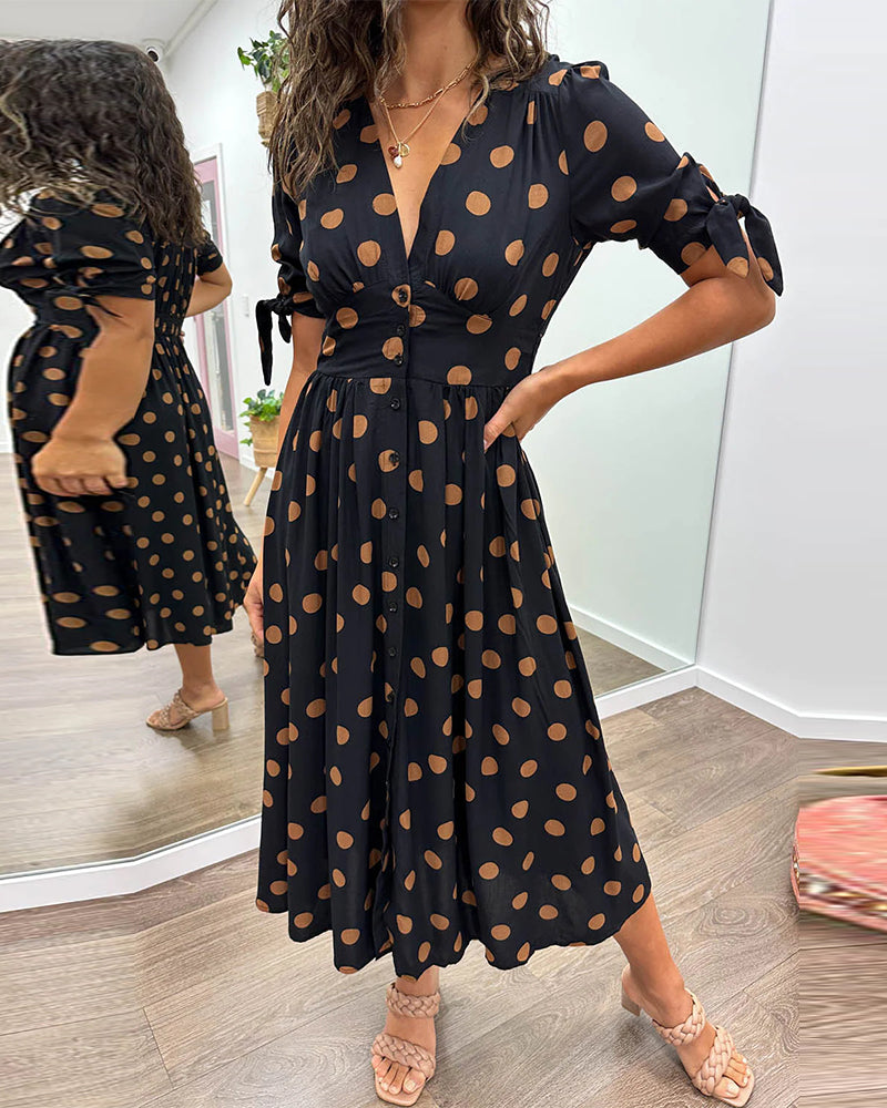 Damaris | Dames Polkadot Midi-jurk – Elegante A-lijn jurk met V-hals