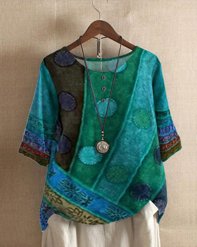 Talyra | Dames Boho Print Top – Vintage Blouse met Halve Mouwen