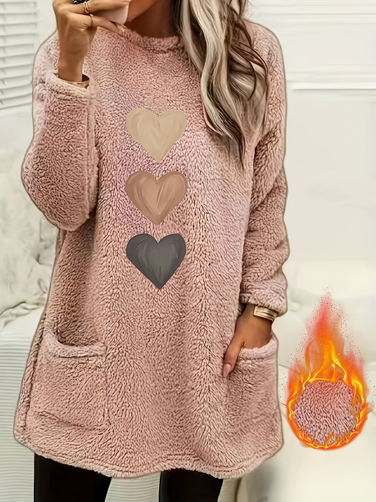 Leonie | Dames-sweatshirt met fleecevoering en hartjesprint – Casual pullover met lange mouwen