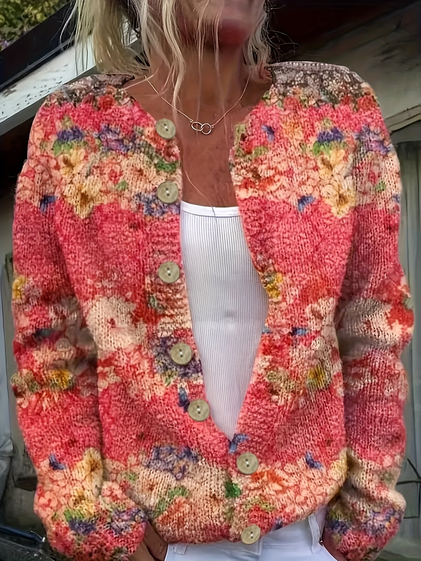 Hannelise | Damesvest met bloemen- en vlinderprint – vest met lange mouwen