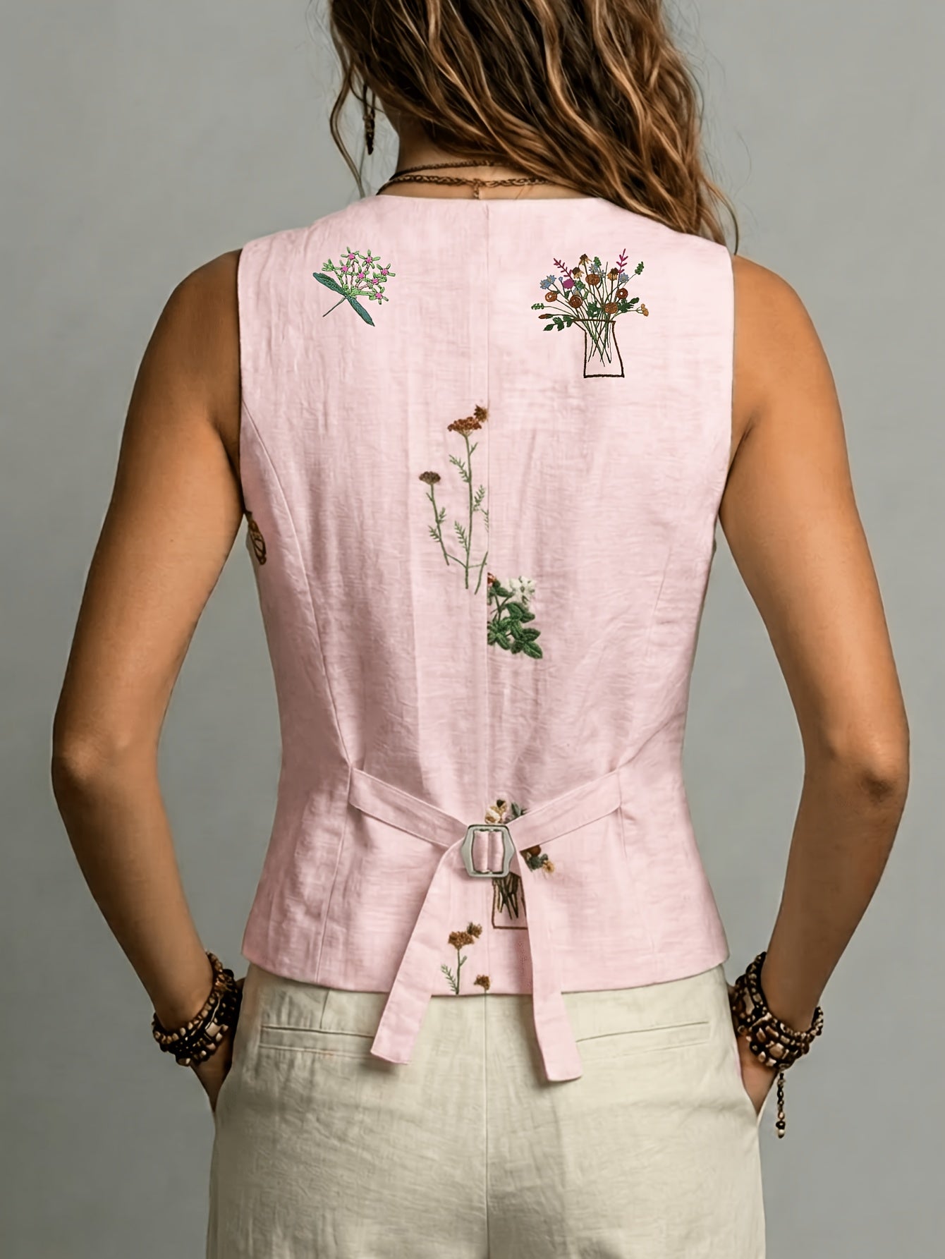 Posie | Linnenmix-vest voor dames – Geborduurd, mouwloos vest met ceintuur