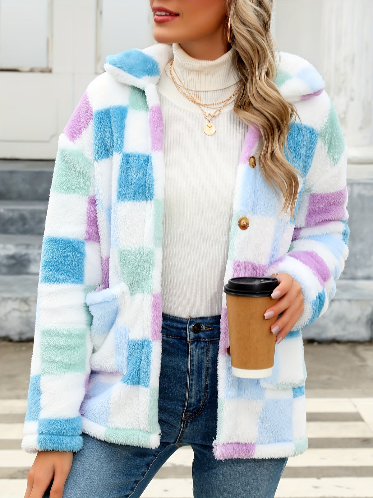 Noralise | Geruite Teddy Damesjas – Pluche, Lange Mouwen