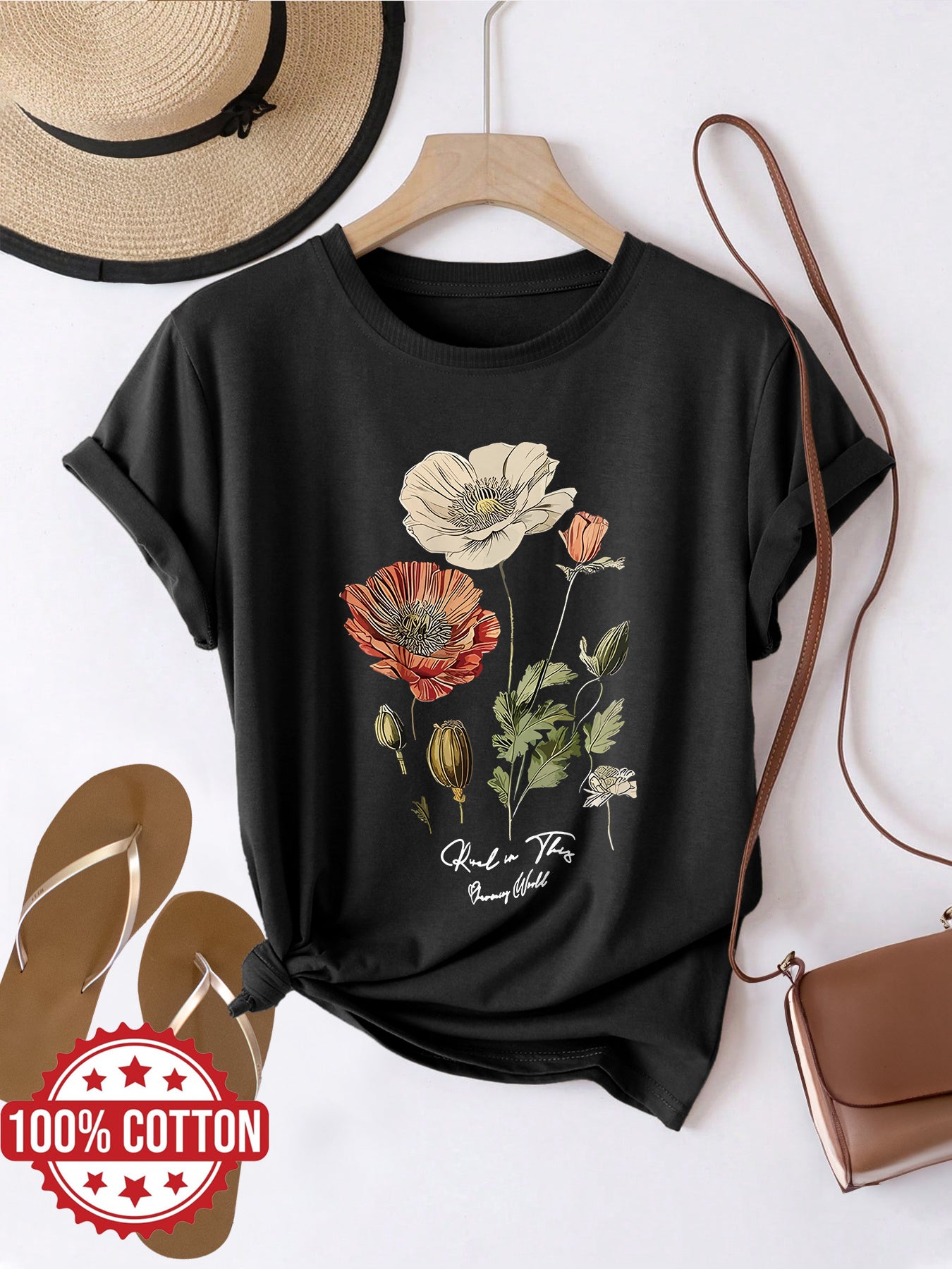 Eniselle | Dames T-shirt met Klaproosbloemenprint – Casual Ronde Hals en Korte Mouwen