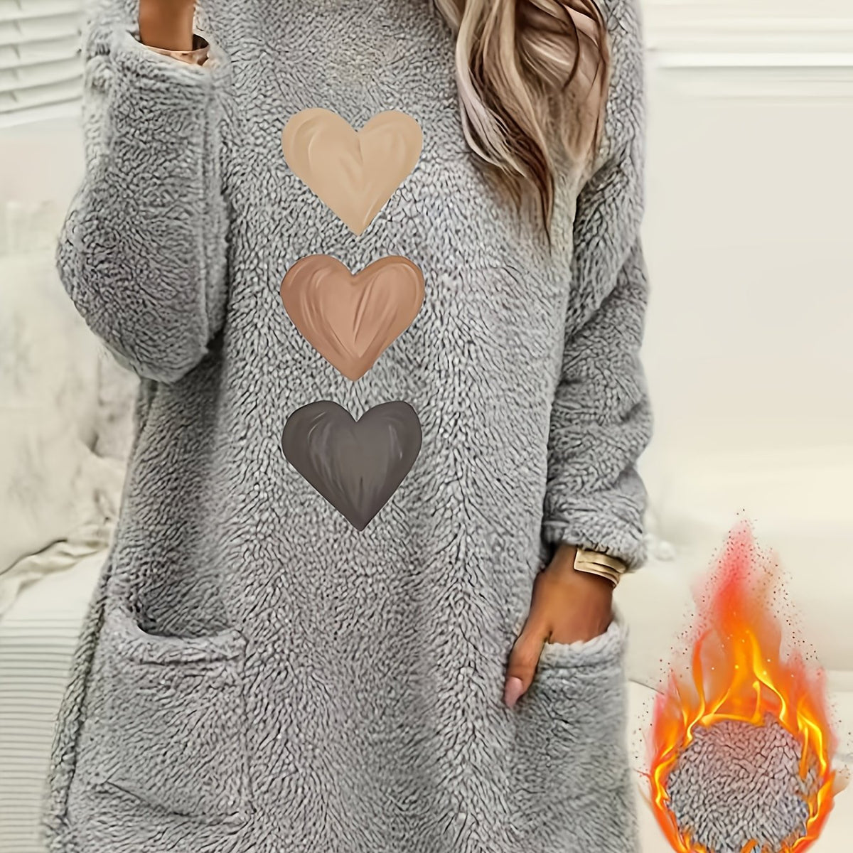 Leonie | Dames-sweatshirt met fleecevoering en hartjesprint – Casual pullover met lange mouwen