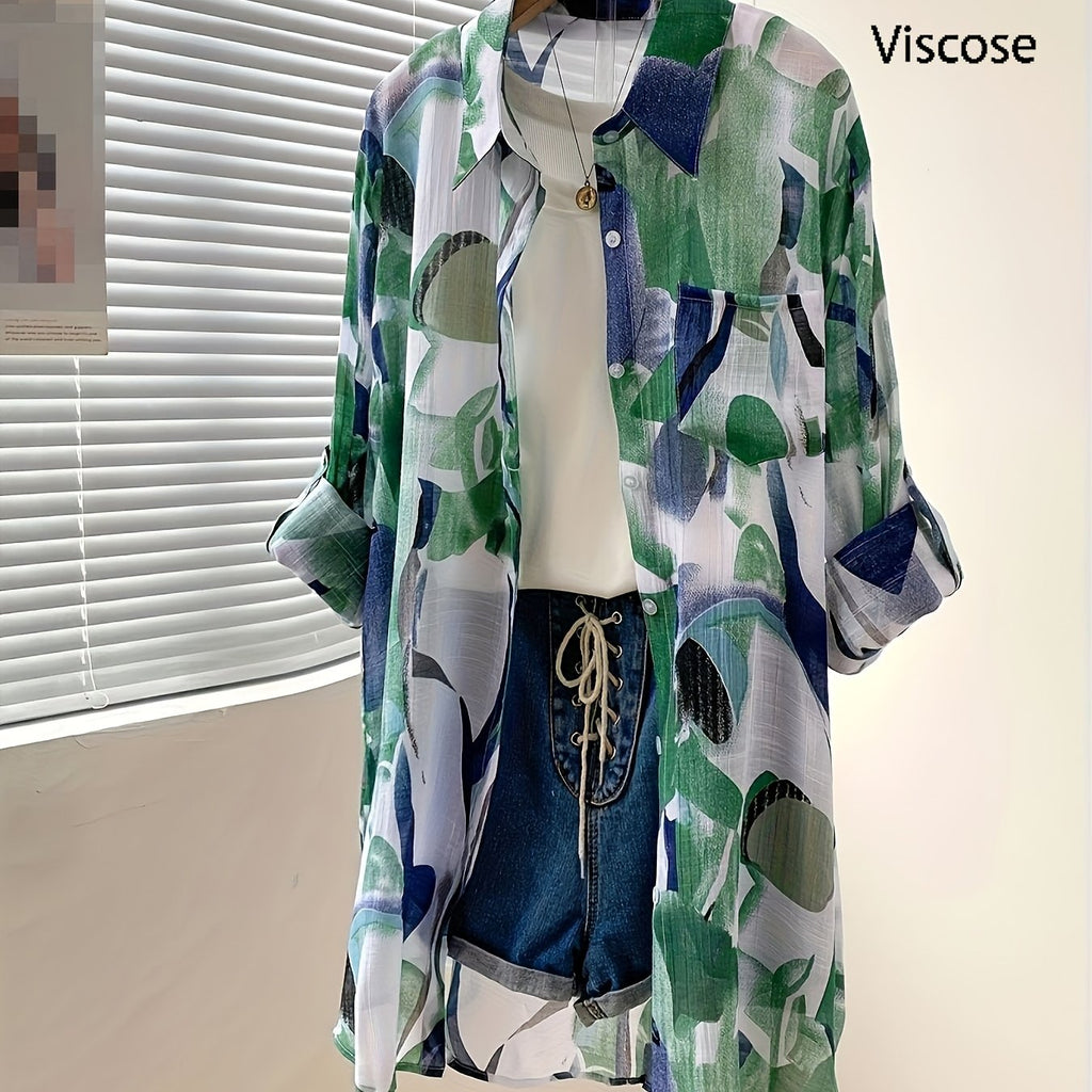Zarela | Damesoverhemd met lange mouwen en print – Doorschijnende, geometrische casual blouse