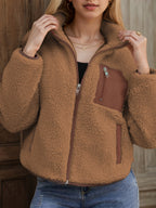 Elavira | Pluche jas voor dames – Vest met ritssluiting en contrasterende rand