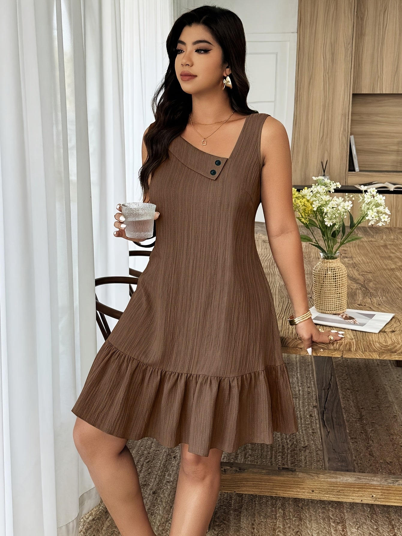 Lyliana | Elegante mouwloze damesjurk – soepel vallende, effen gekleurde A-lijn casual jurk